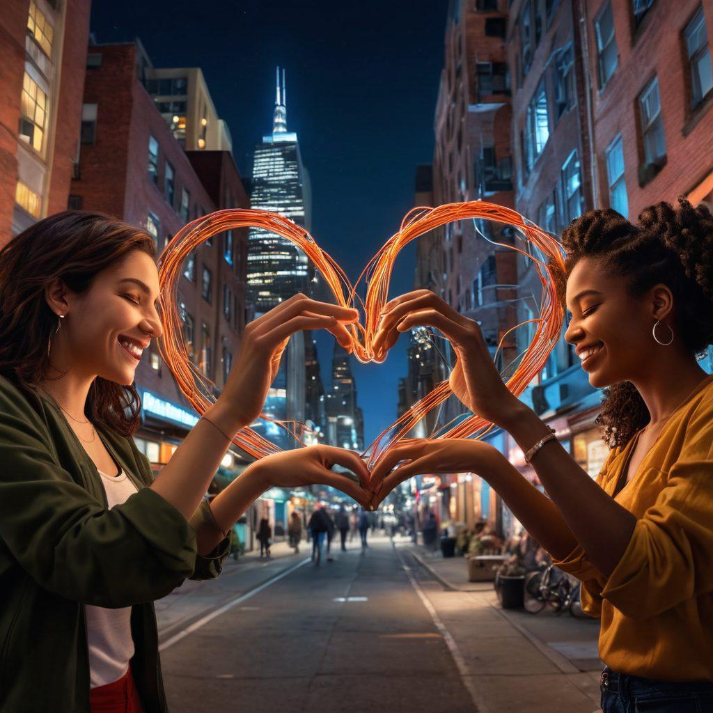 A heart entwined with diverse hands symbolizing connection amidst a chaotic urban backdrop representing hookup culture. Soft, warm lighting creates a contrast with a vibrant city at night, illustrating both intimacy and modern relationships. Inclusion of diverse figures sharing laughter and conversation in the foreground to emphasize meaningful connections. super-realistic. vibrant colors. urban nightscape.