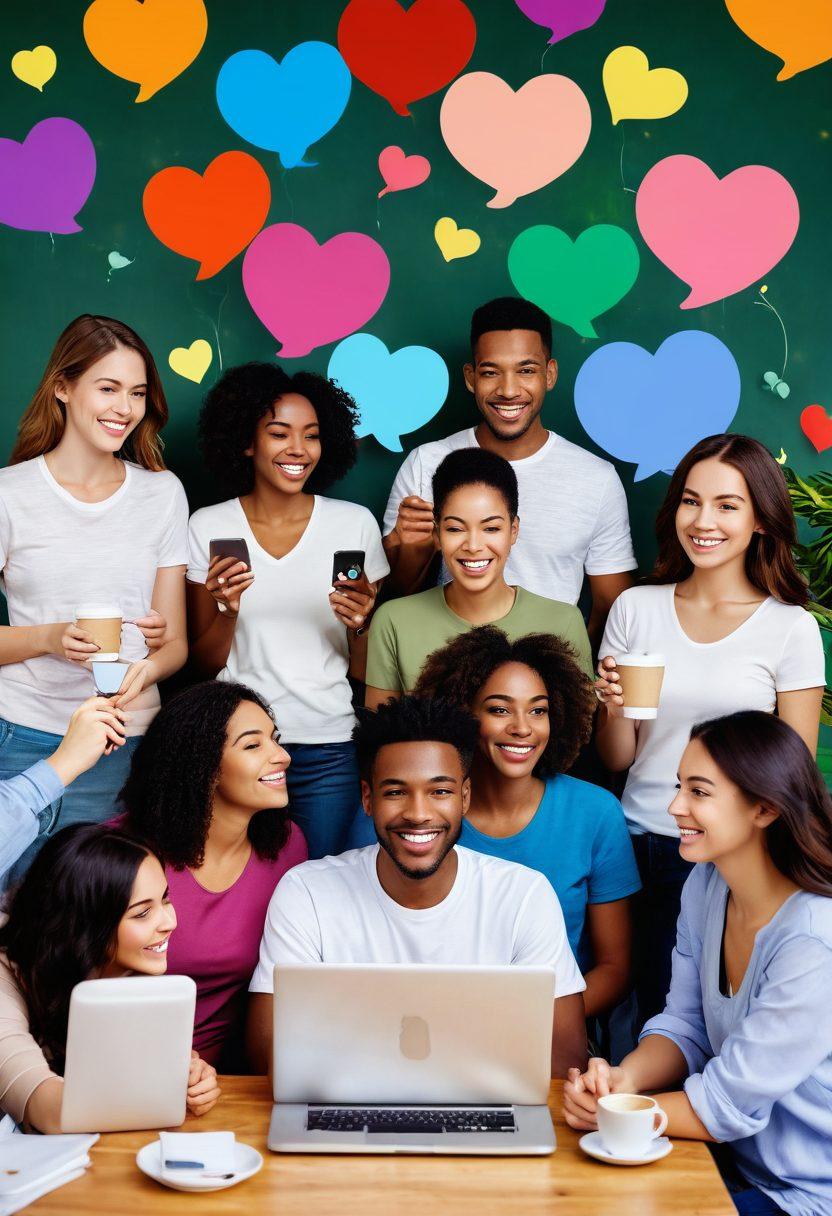 A diverse group of individuals engaged in a lively online dating scene, showcasing various devices like smartphones and laptops with heart icons and chat bubbles around them. The backdrop should depict a cozy, intimate setting with soft lighting, plants, and a warm atmosphere. Add elements like coffee cups and snacks, symbolizing casual conversations and connections. Capture expressions of joy and excitement to emphasize the theme of successful adult connections. vibrant colors. super-realistic.