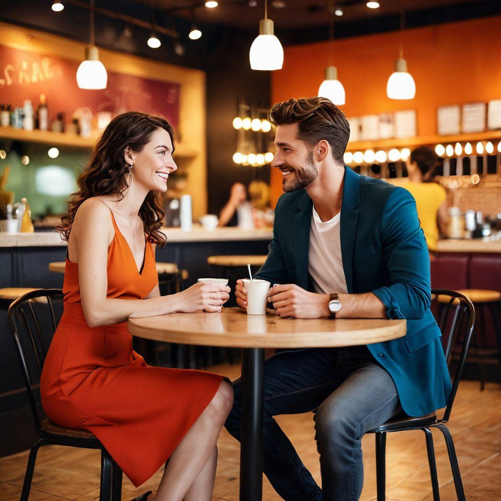 A modern couple in a trendy cafe, sharing an intimate conversation with subtle body language that conveys connection and attraction. In the background, other couples and individuals engage in social interactions, depicting the vibrant dating culture. Soft lighting and warm colors to create an inviting atmosphere. stylish and contemporary decor accentuates the theme of adult connections. super-realistic. vibrant colors. warm tone.